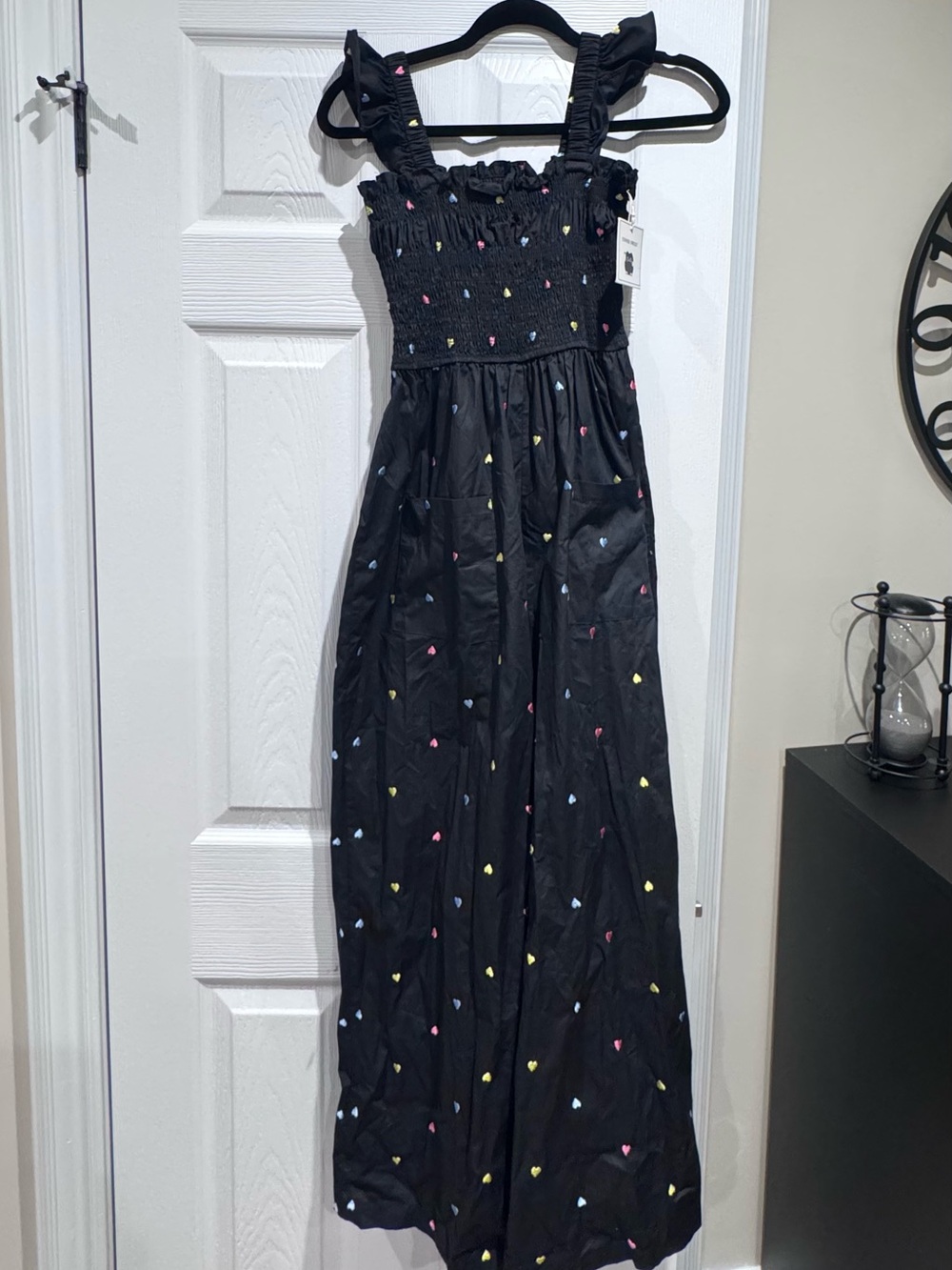 Women’s  wide leg Black Smocked jumpsuit with Multicolor Heart Accents